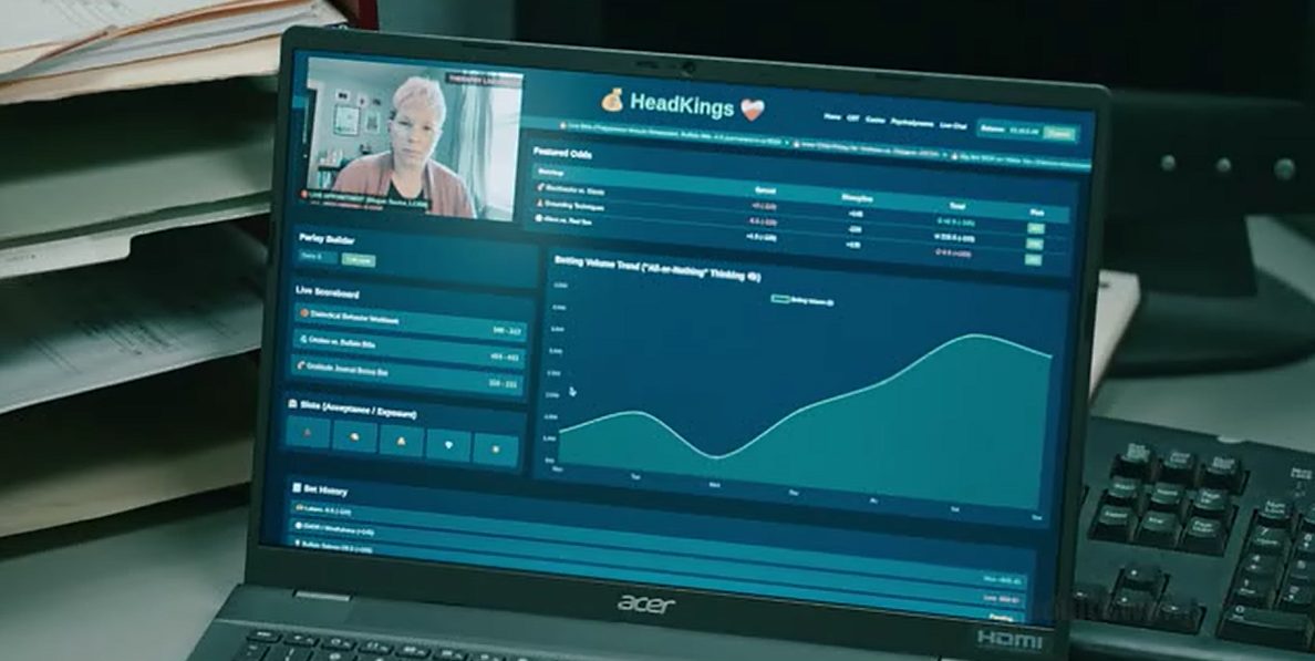 The HeadKings app on a laptop, a therapy video call running next to sports betting odds