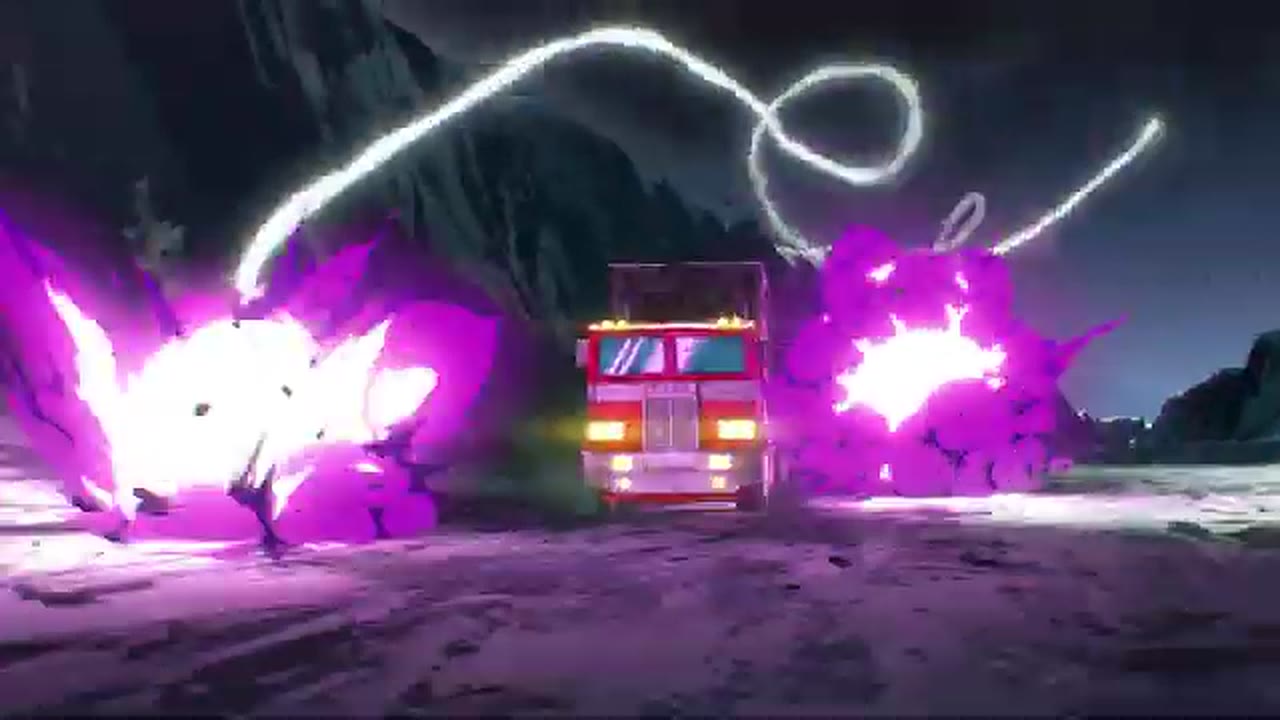 Optimus Prime in truck mode dodging blasts on the moon in Optimus Prime: Awakening