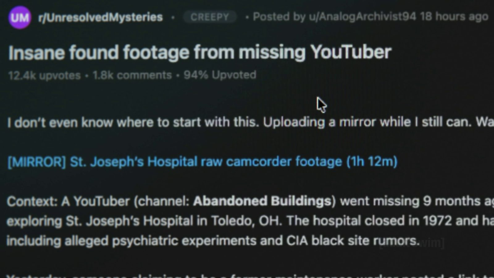 A Reddit post on r/UnresolvedMysteries titled "Insane found footage from missing YouTuber"